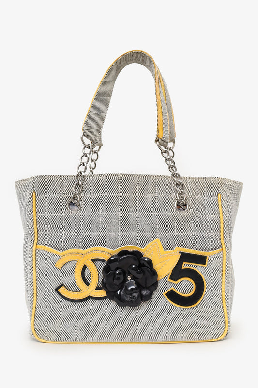 Chanel™ 2005-06 Yellow/Grey CC Camellia No. 5 Choco Bar Canvas Tote