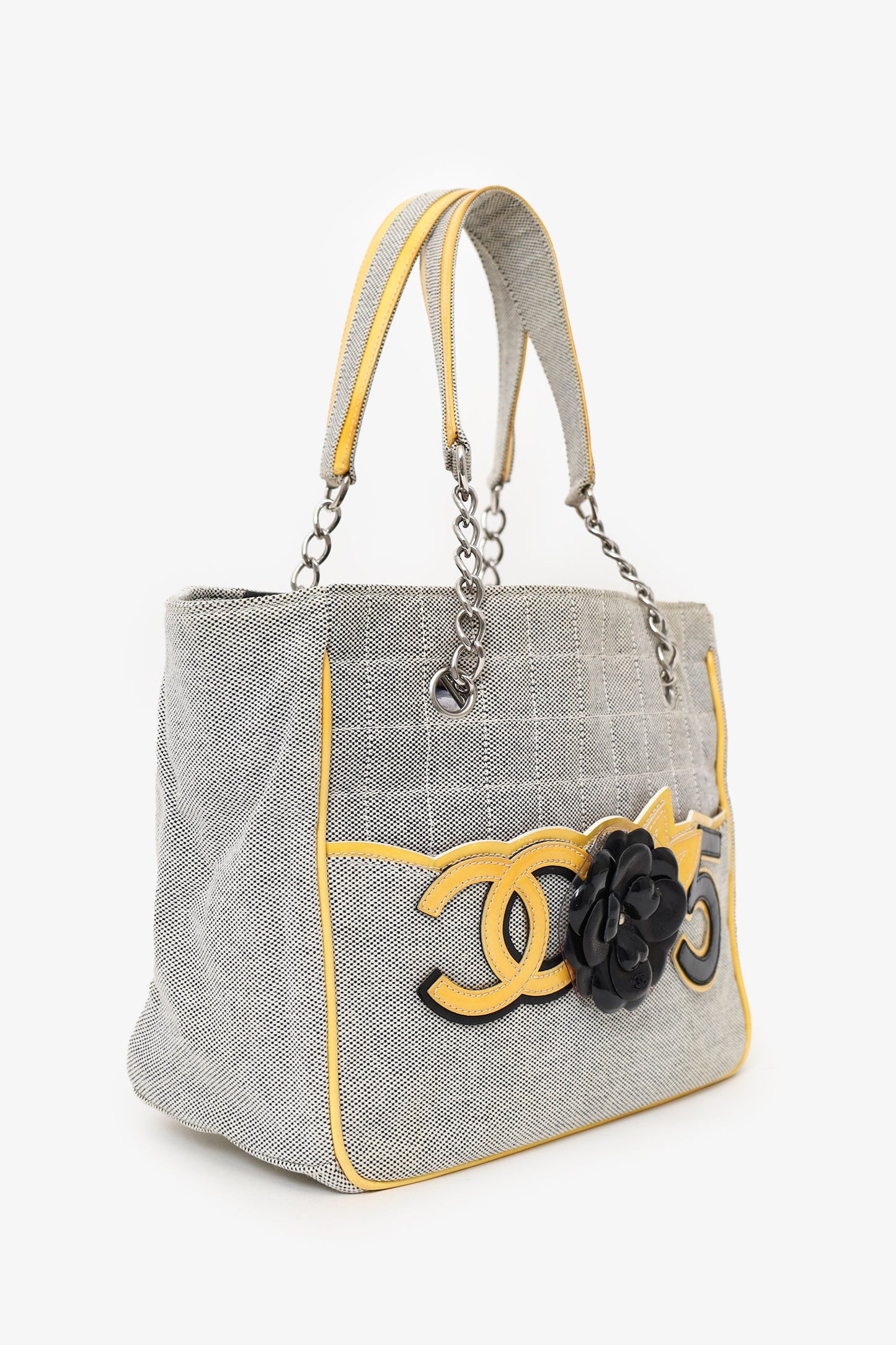 Chanel™ 2005-06 Yellow/Grey CC Camellia No. 5 Choco Bar Canvas Tote