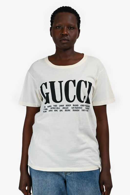 Gucci White/Black Cotton Logo City Print T-Shirt Size M