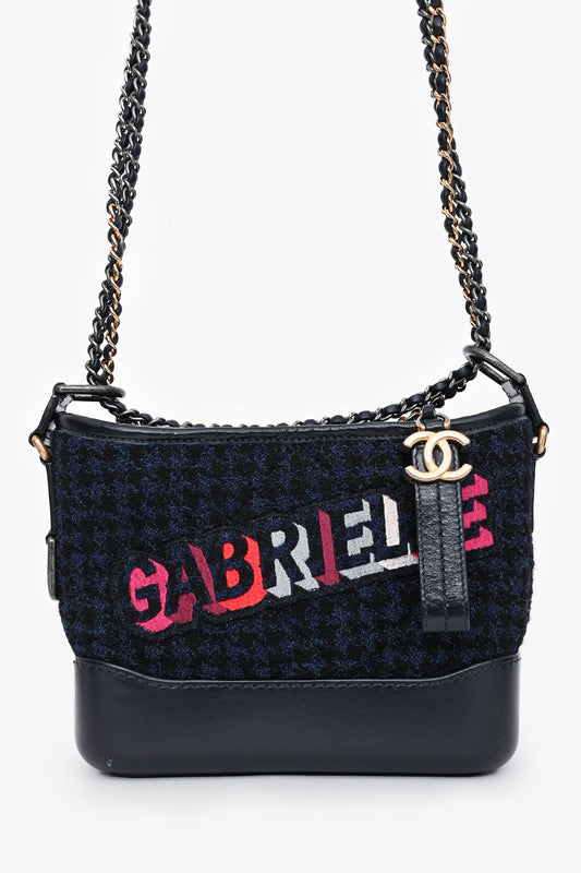 Chanel 2017/18 Black Leather/Navy Tweed Small Gabrielle Shoulder Bag