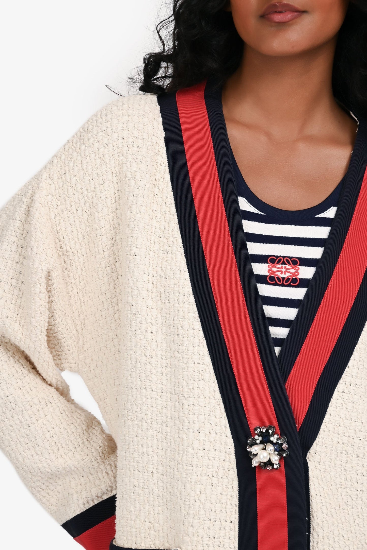 Gucci Cream Tweed Web Trim Cardigan with Faux Pearl Buttons Size 42