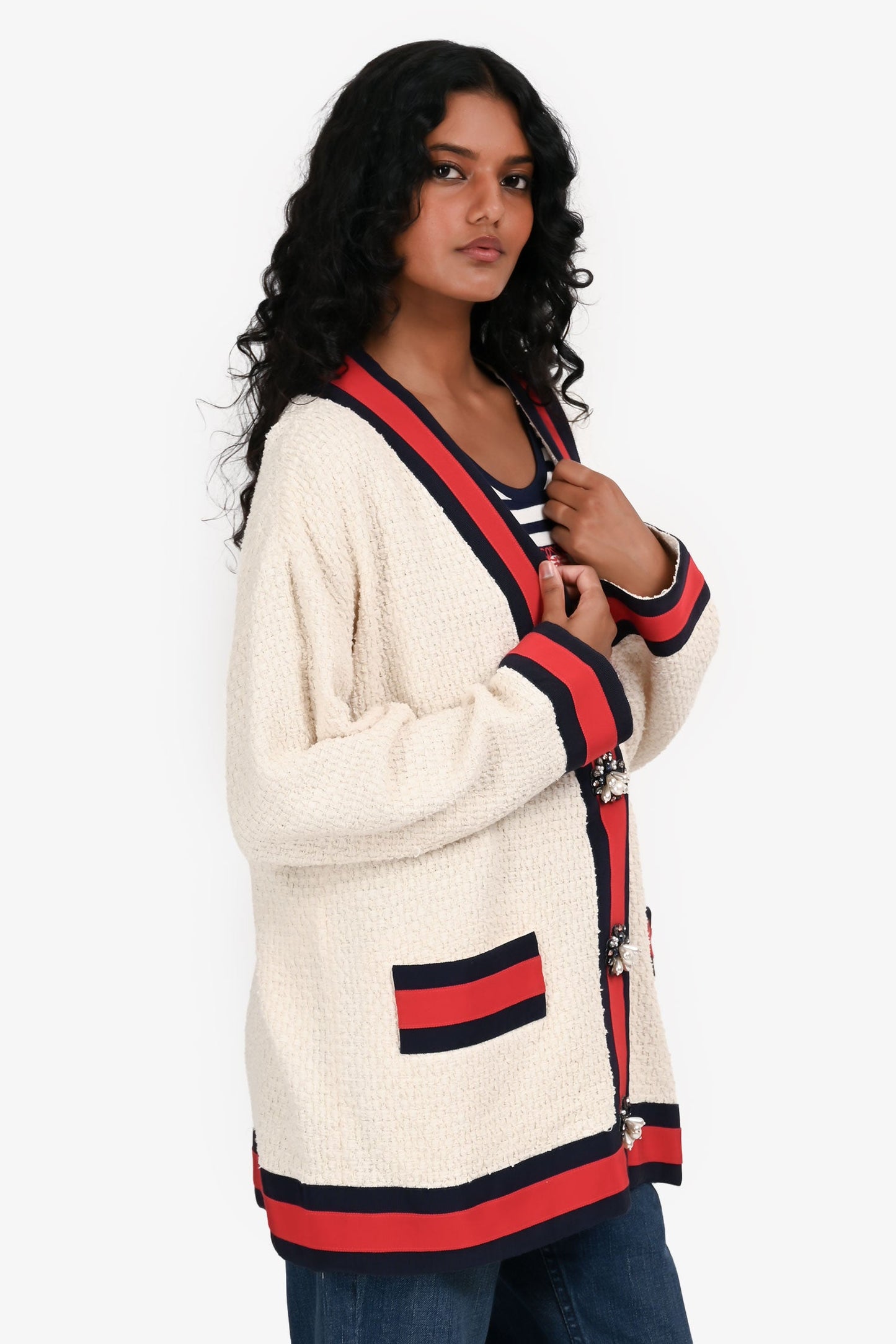 Gucci Cream Tweed Web Trim Cardigan with Faux Pearl Buttons Size 42