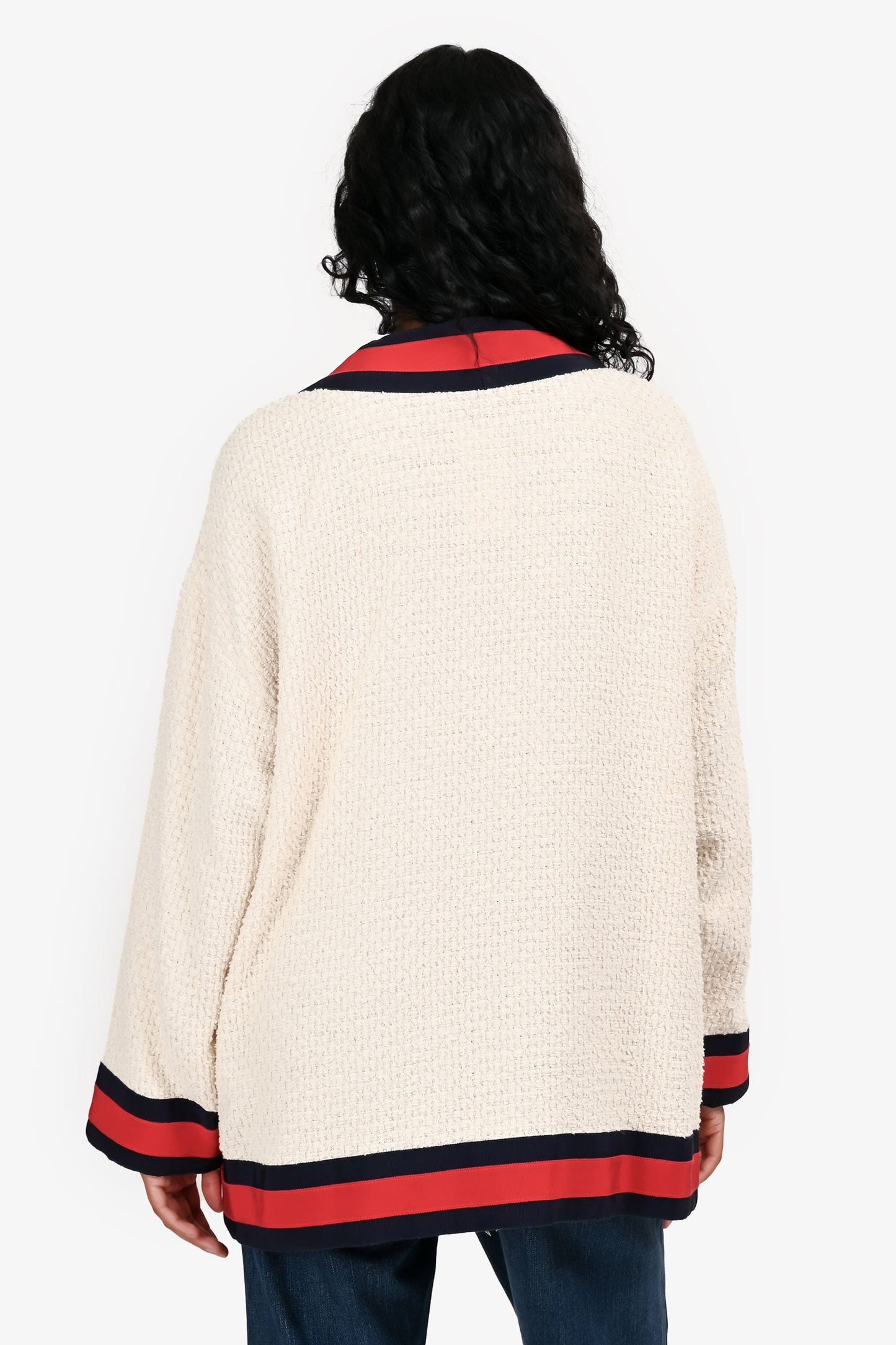 Gucci Cream Tweed Web Trim Cardigan with Faux Pearl Buttons Size 42
