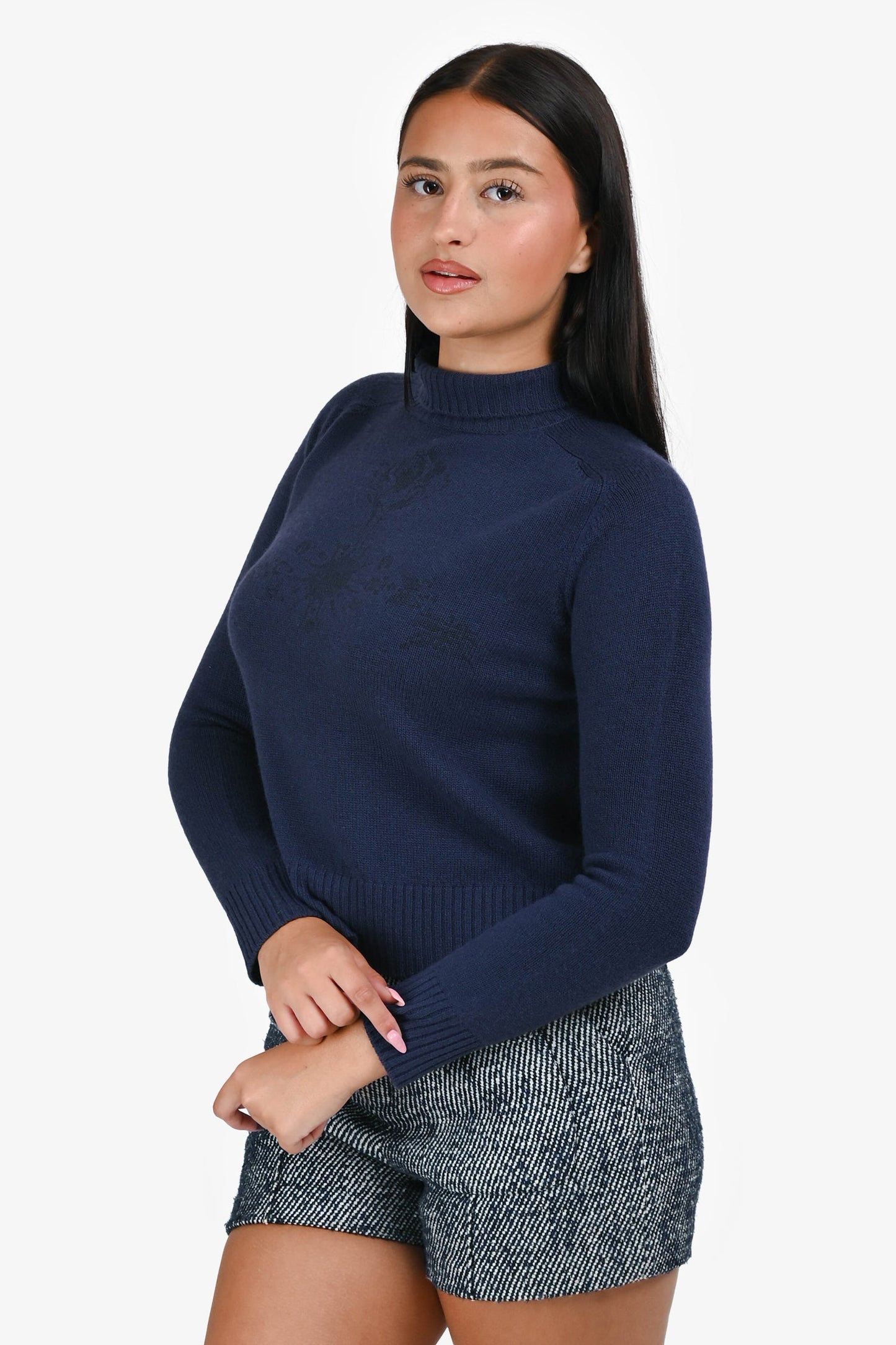 Christian Dior Navy Blue/Black Printed Cashmere Turtleneck Sweater Size 4 US