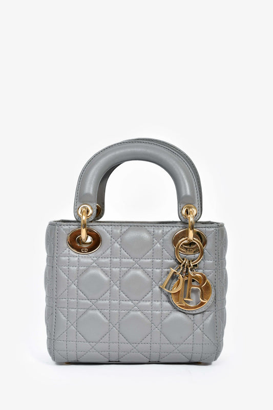 Christian Dior 2015 Grey Leather Cannage Mini Lady Dior with Strap