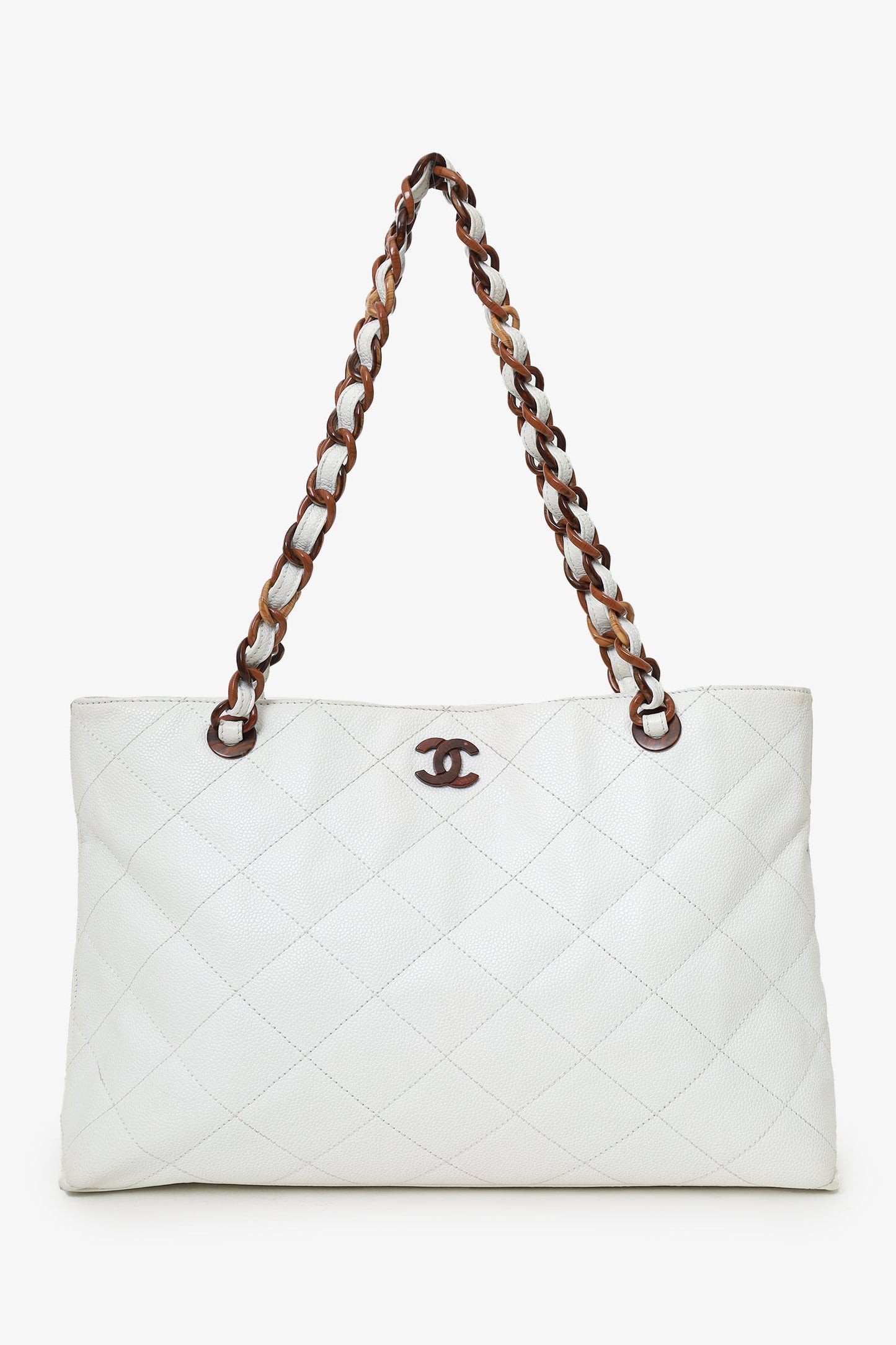 Chanel™ 2000-02 White Caviar Quilted CC Wood Chain Tote