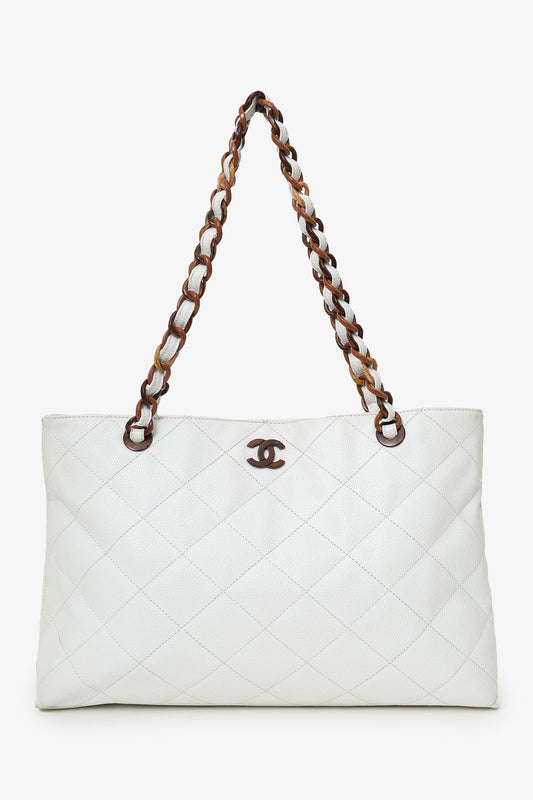 Chanel™ 2000-02 White Caviar Quilted CC Wood Chain Tote