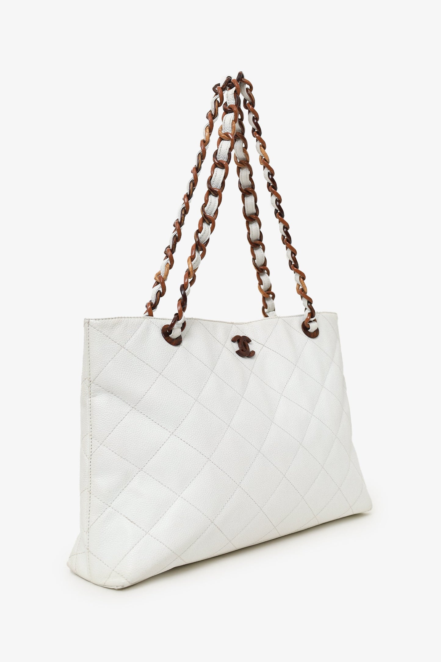 Chanel™ 2000-02 White Caviar Quilted CC Wood Chain Tote
