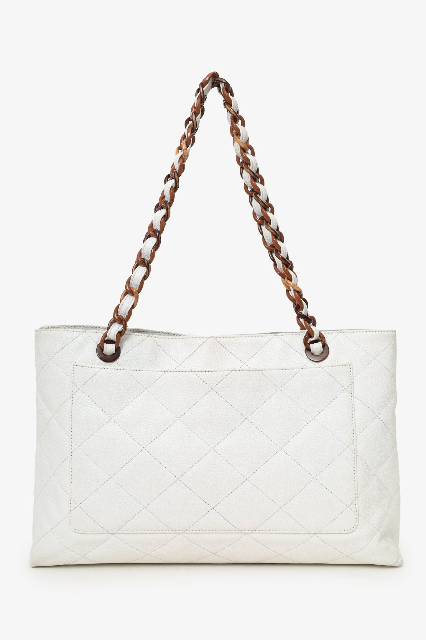 Chanel™ 2000-02 White Caviar Quilted CC Wood Chain Tote