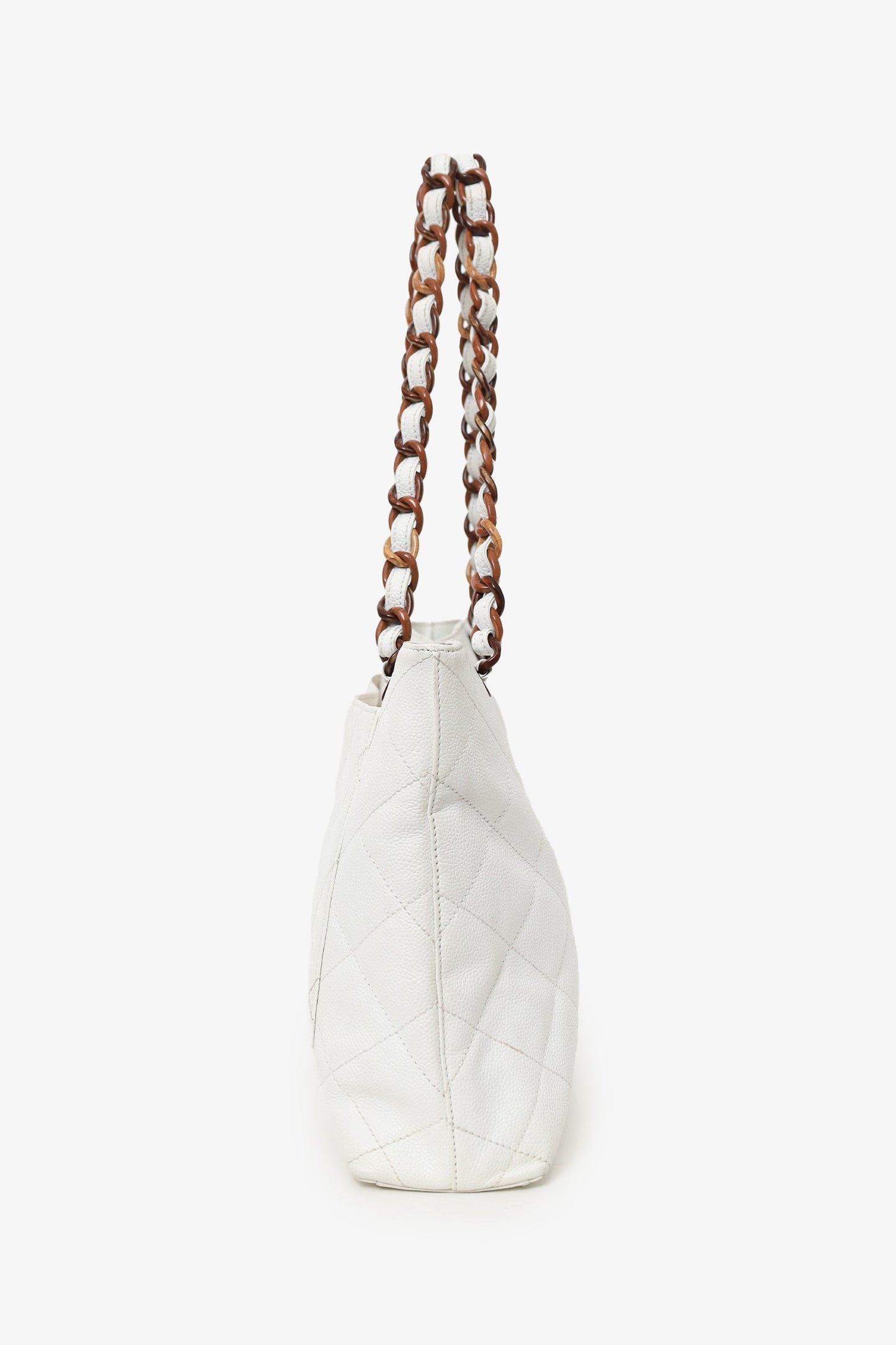 Chanel™ 2000-02 White Caviar Quilted CC Wood Chain Tote