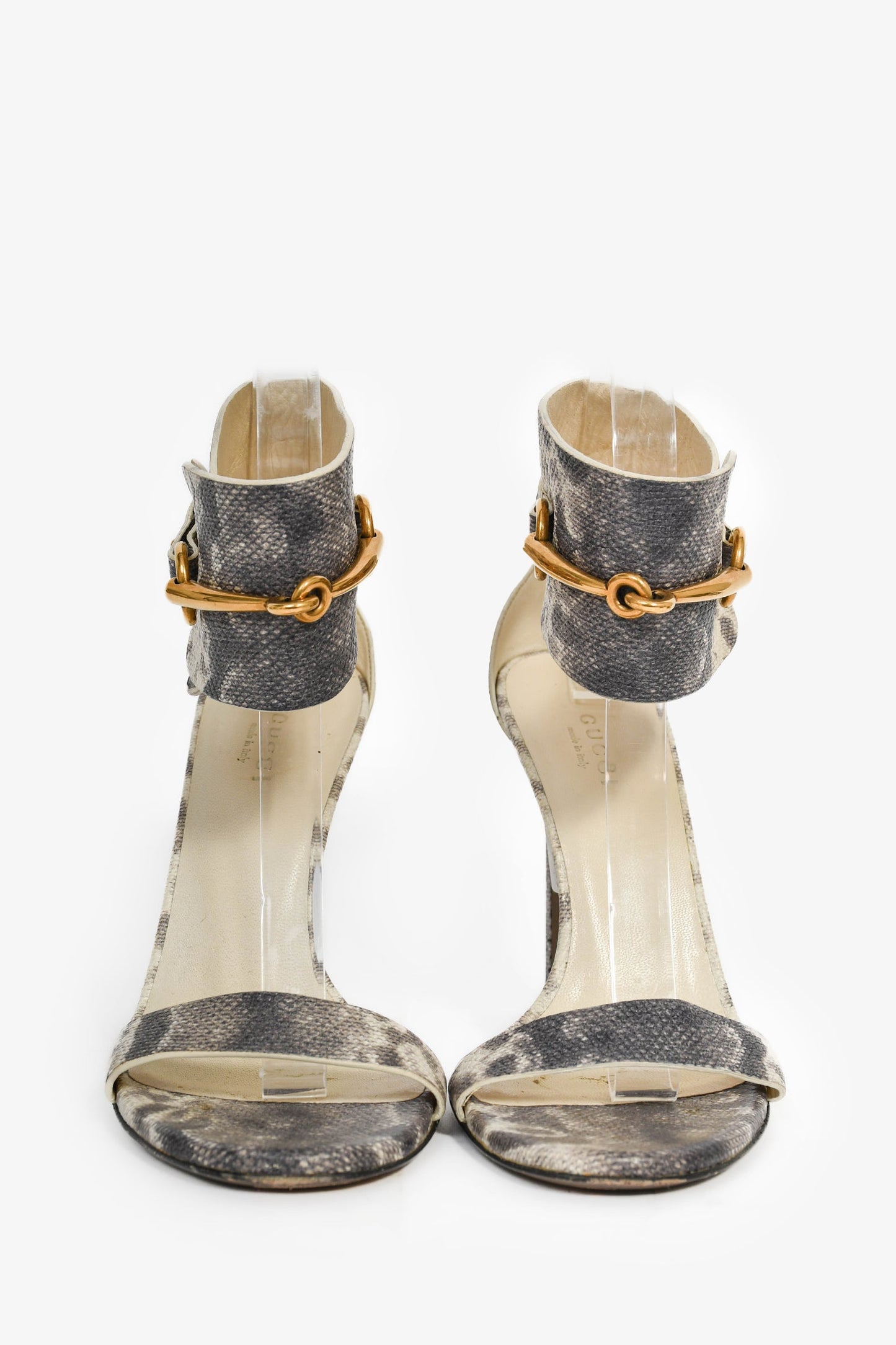 Gucci Grey/White Embossed Leather Horsebit Heels Size 6.5