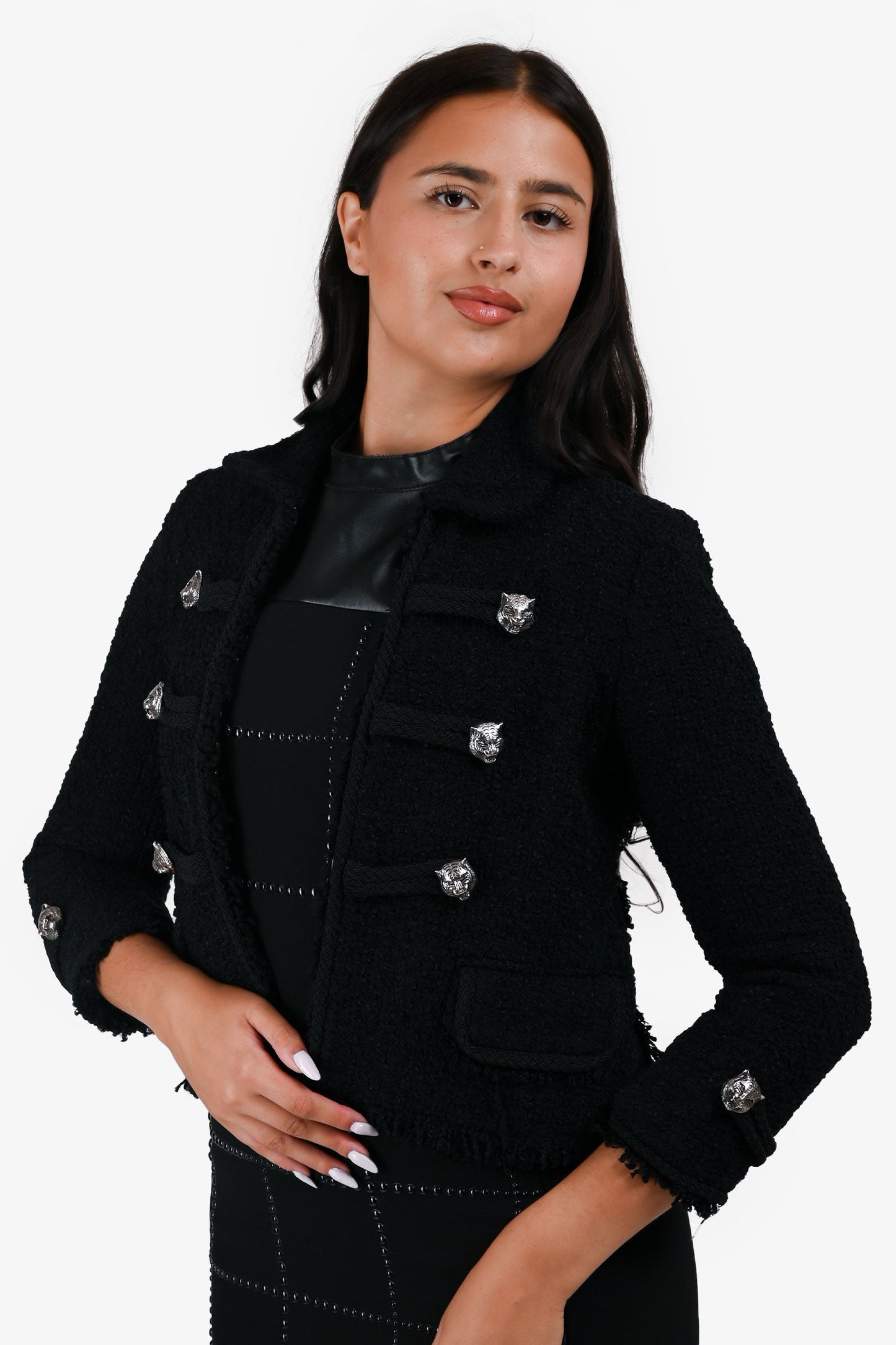 Gucci 2015 Black Tweed Tiger Button Military Jacket Size 38