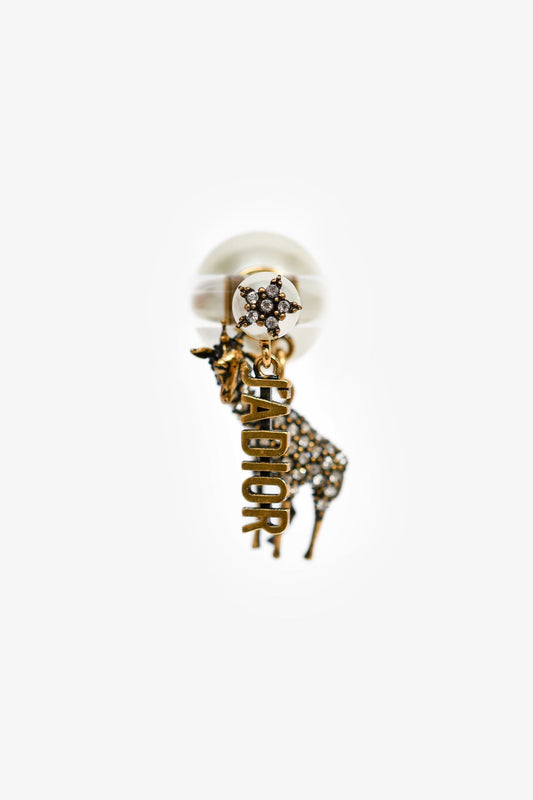 Christian Dior Gold Tone/Faux Pearl Crystal Studded Tribale Giraffe Earring