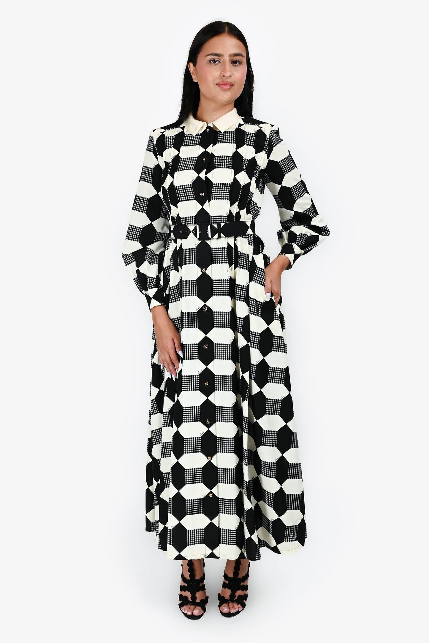 Gucci Black/White Cotton Patterned GG Button Midi Dress with Belt Size 38
