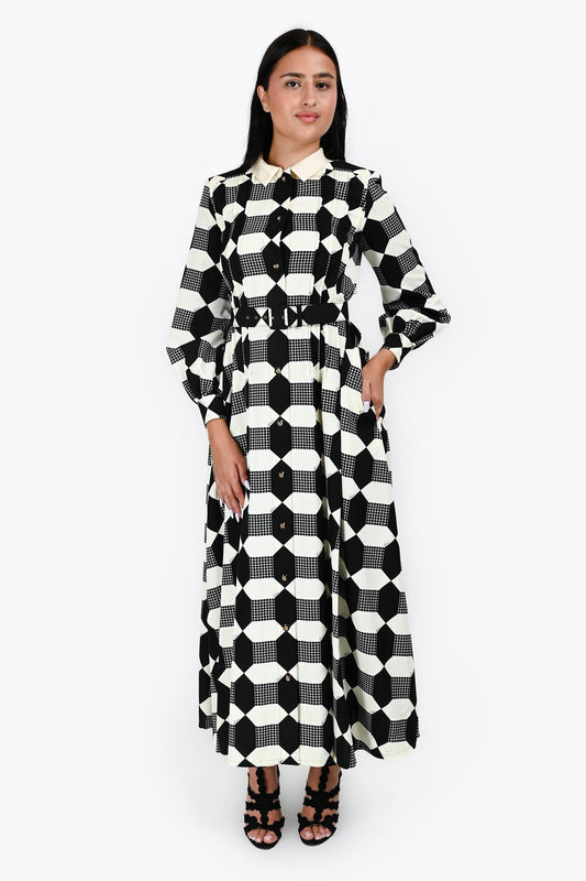 Gucci Black/White Cotton Patterned GG Button Midi Dress with Belt Size 38
