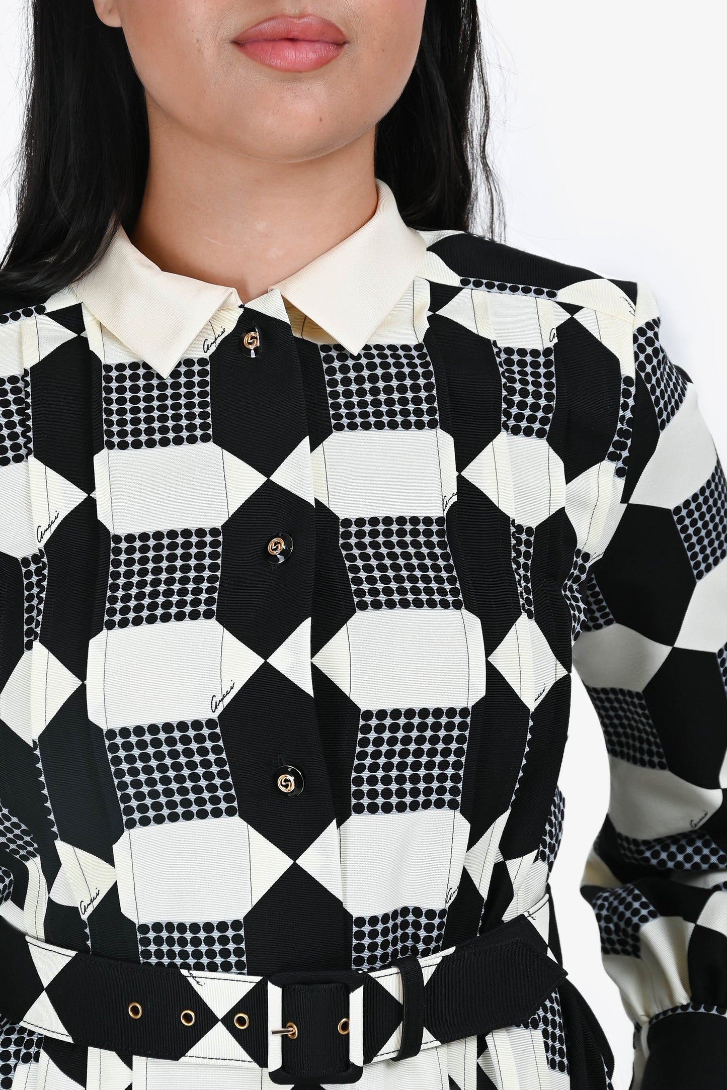 Gucci Black/White Cotton Patterned GG Button Midi Dress with Belt Size 38