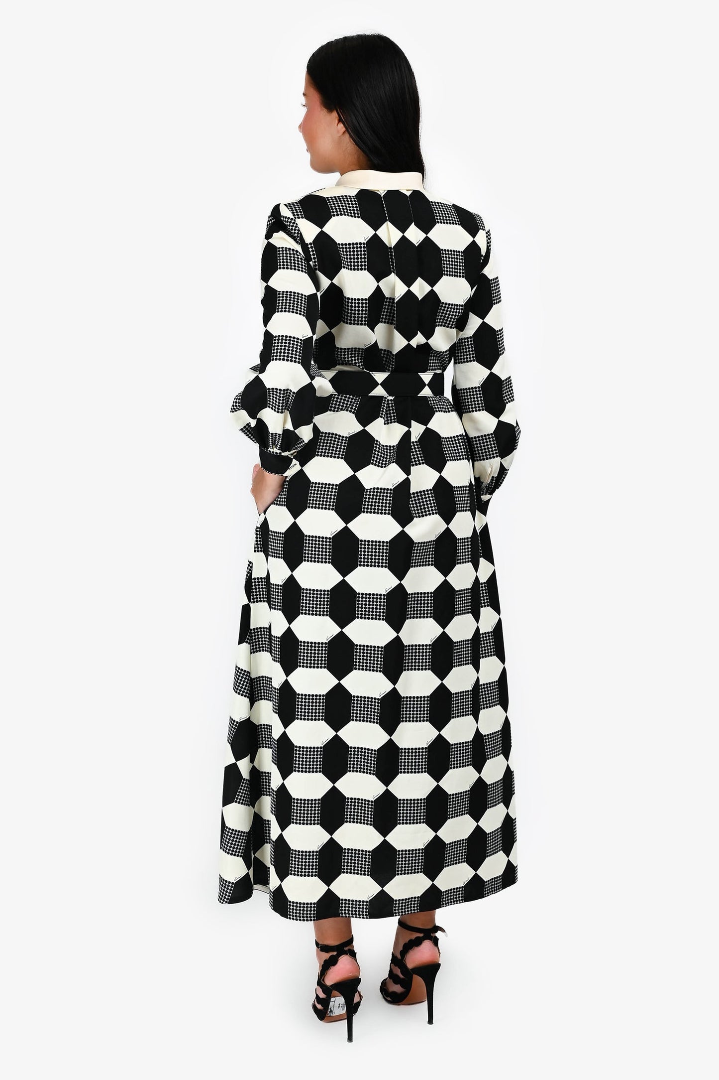 Gucci Black/White Cotton Patterned GG Button Midi Dress with Belt Size 38