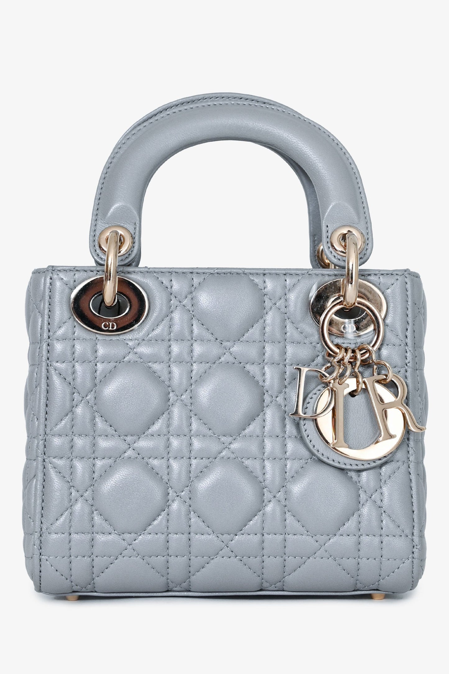 Christian Dior Grey Shimmer Leather Cannage Mini Lady Dior with Strap