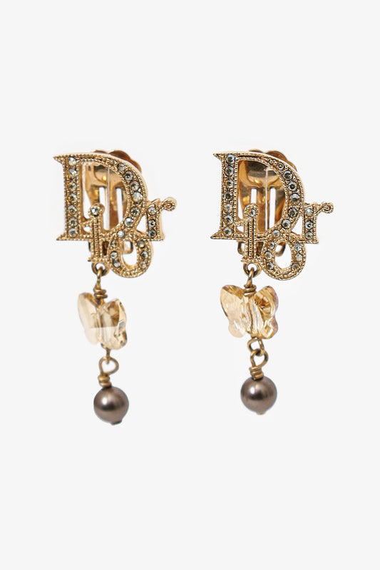 Christian Dior Gold Tone Letter Butterfly Pearl Drop Clip-on Earrings