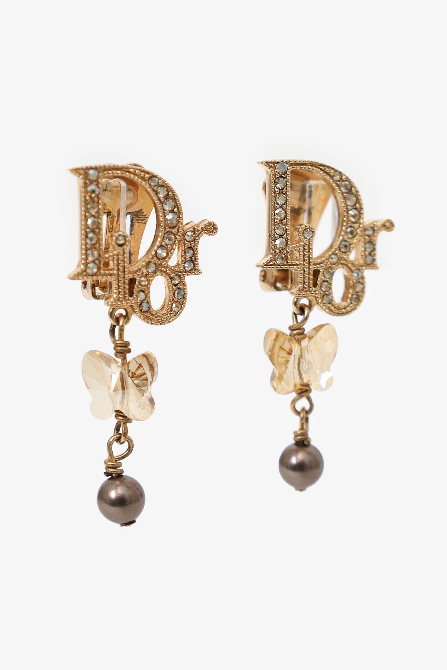 Christian Dior Gold Tone Letter Butterfly Pearl Drop Clip-on Earrings