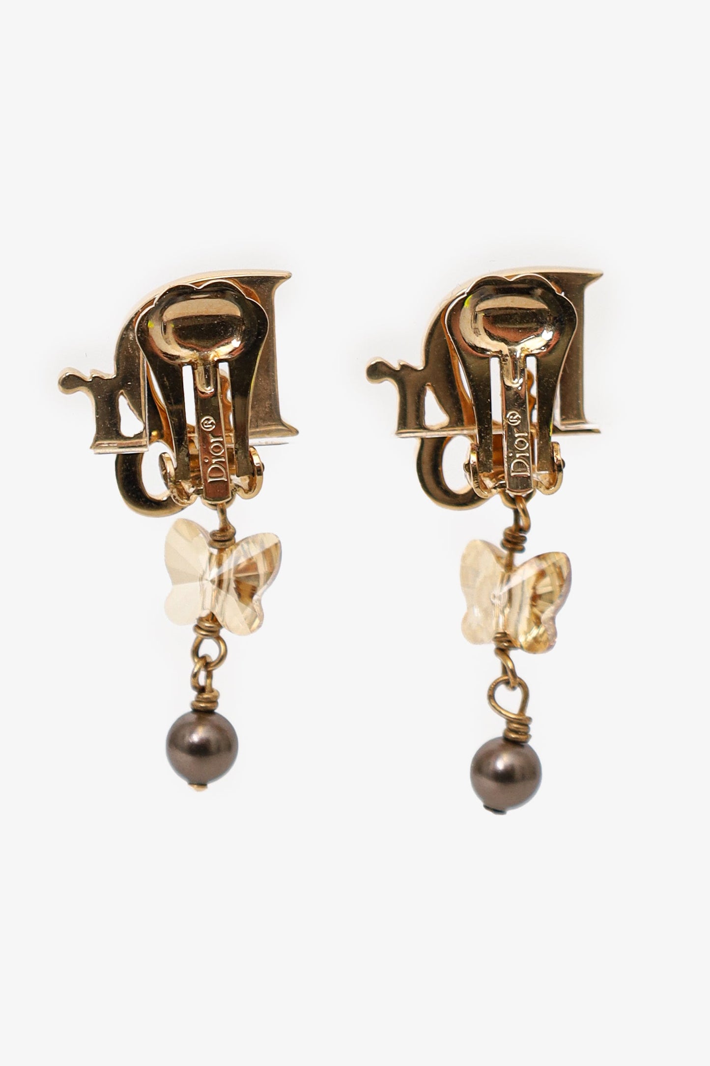 Christian Dior Gold Tone Letter Butterfly Pearl Drop Clip-on Earrings