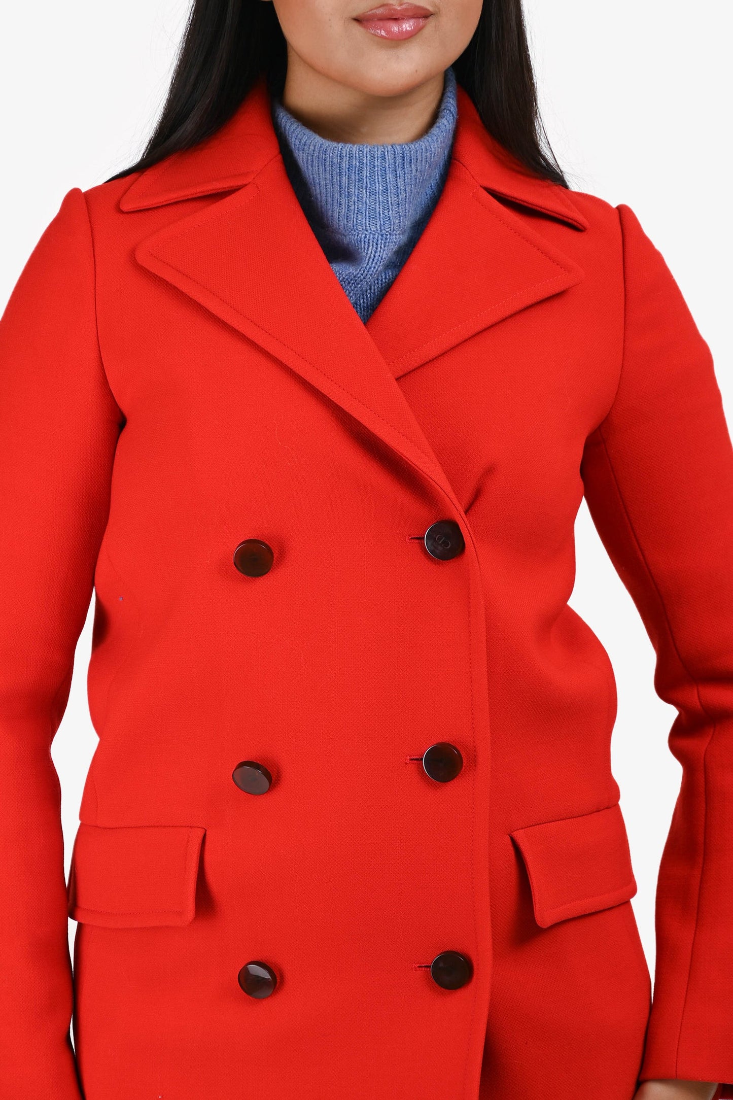Christian Dior Red Wool Black Buttoned Midi Coat Size 6
