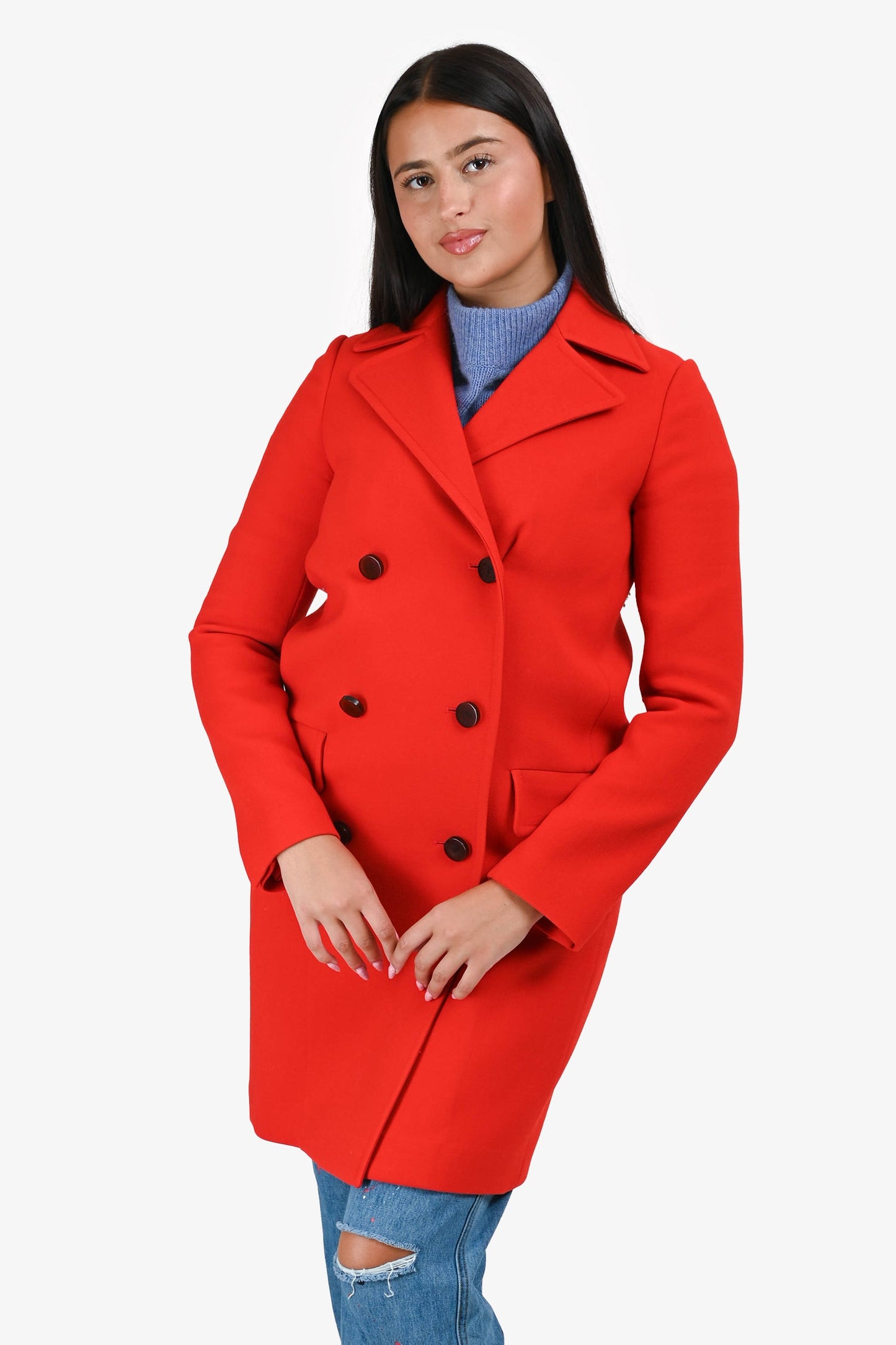 Christian Dior Red Wool Black Buttoned Midi Coat Size 6