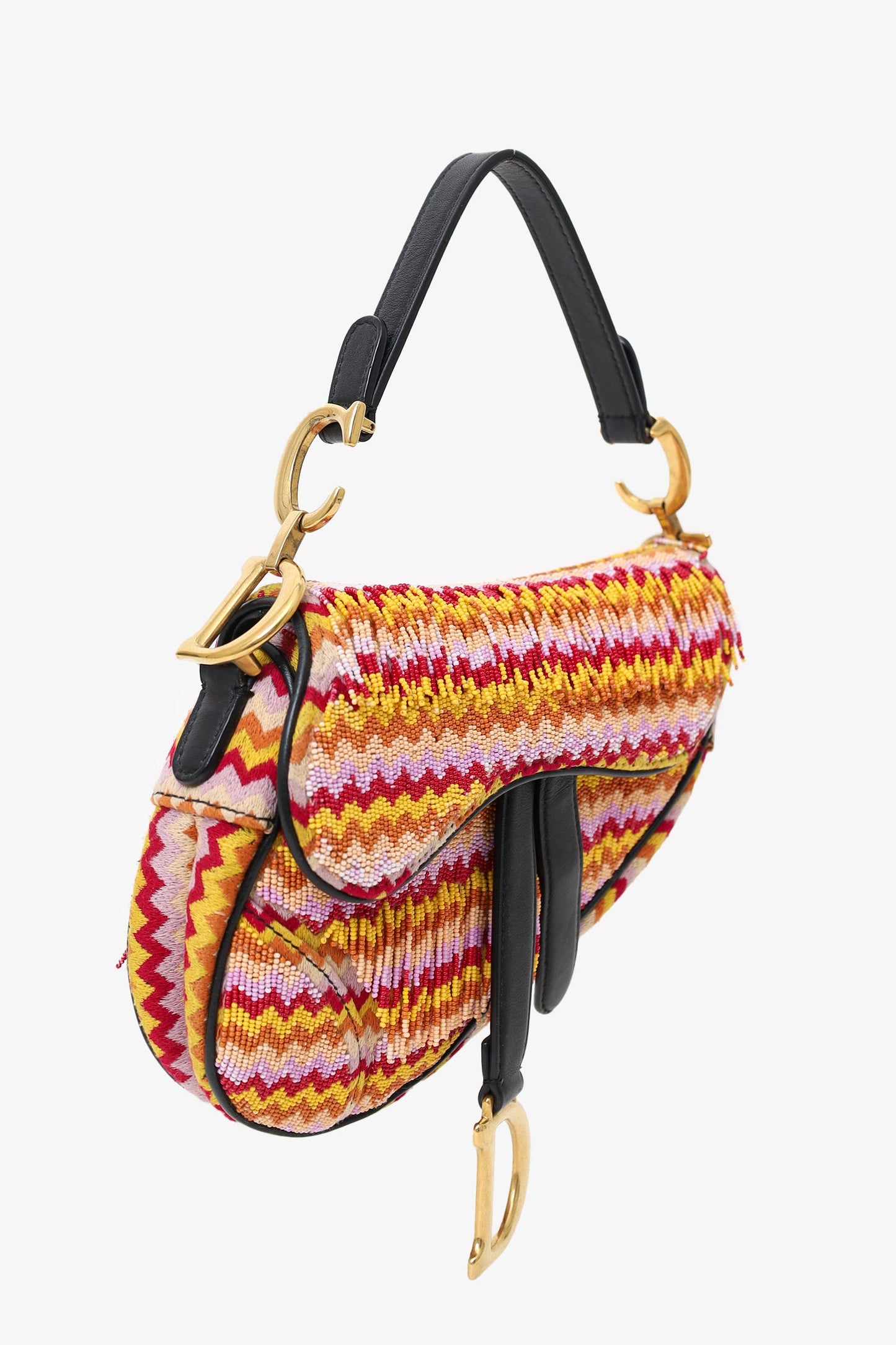 Christian Dior 2018 Multicolour Embroidered Fringe Beaded Mini Saddle Bag With Canvas Strap