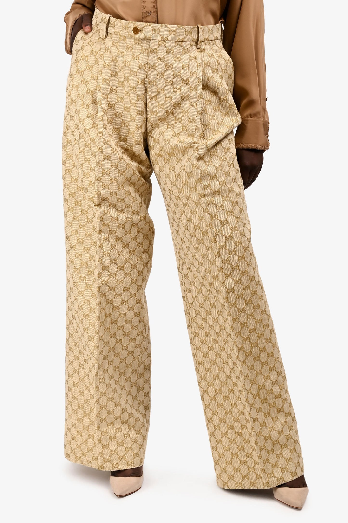 Gucci Beige GG Monogram Linen/Cotton Wide Leg Trousers Size 48