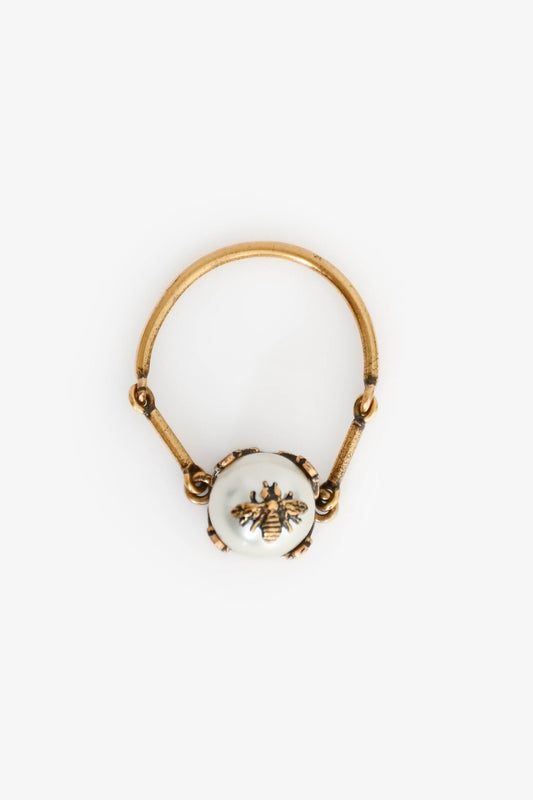 Christian Dior Antique Gold Toned Metal Faux Pearl Ring Size M