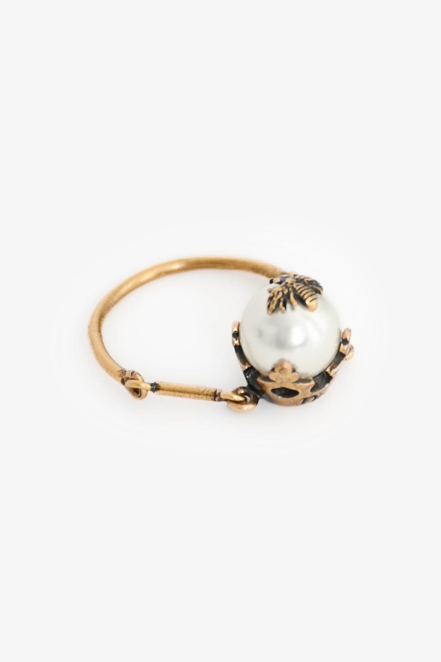Christian Dior Antique Gold Toned Metal Faux Pearl Ring Size M