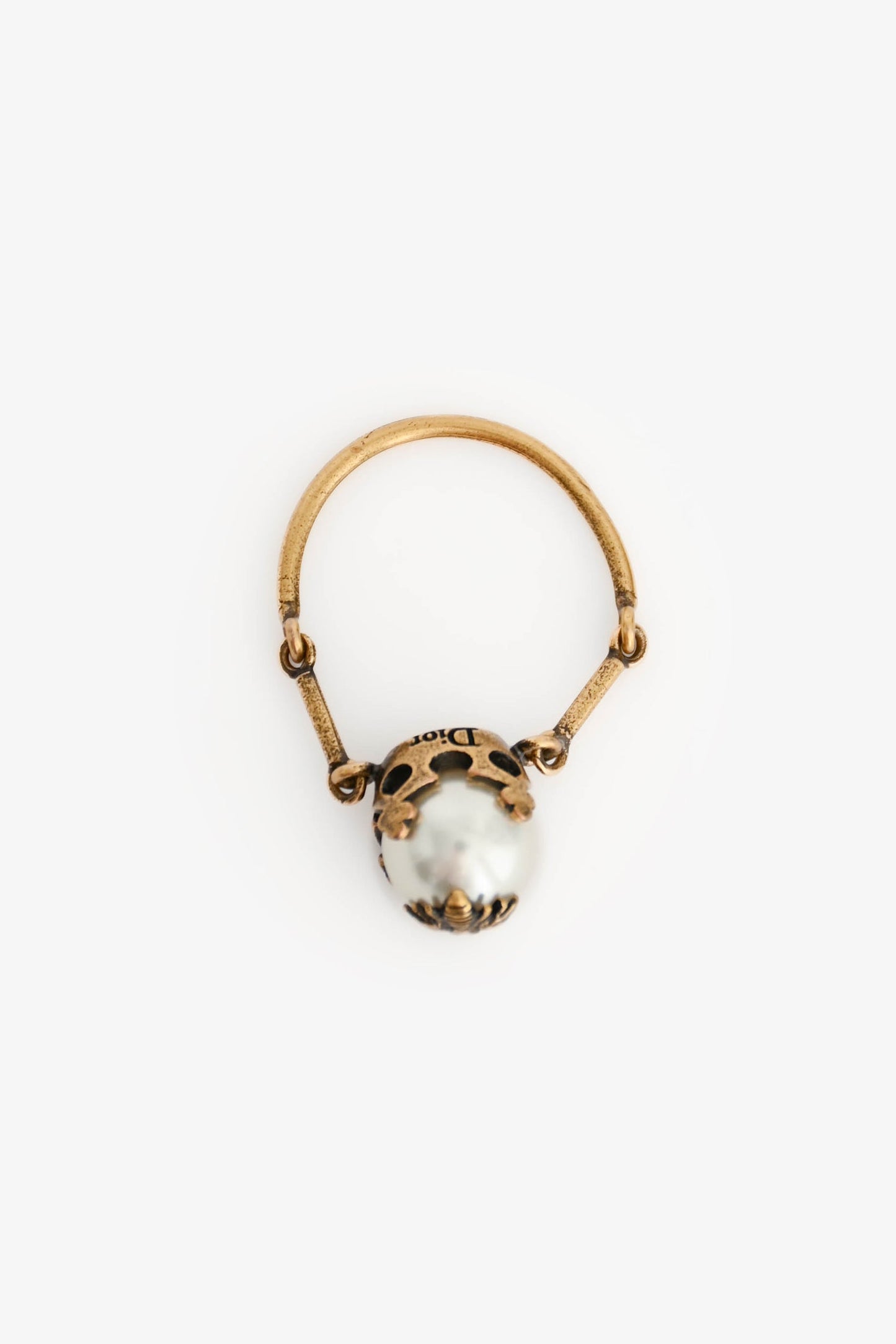 Christian Dior Antique Gold Toned Metal Faux Pearl Ring Size M