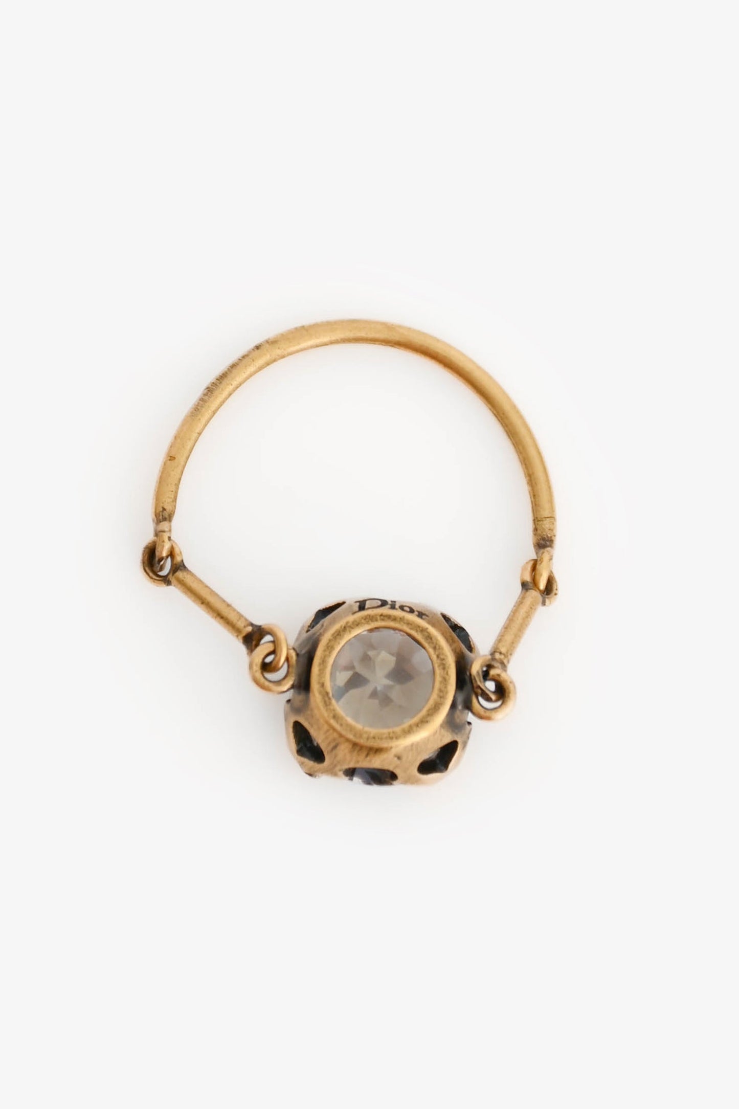 Christian Dior Antique Gold Tone Metal Crystal Ring