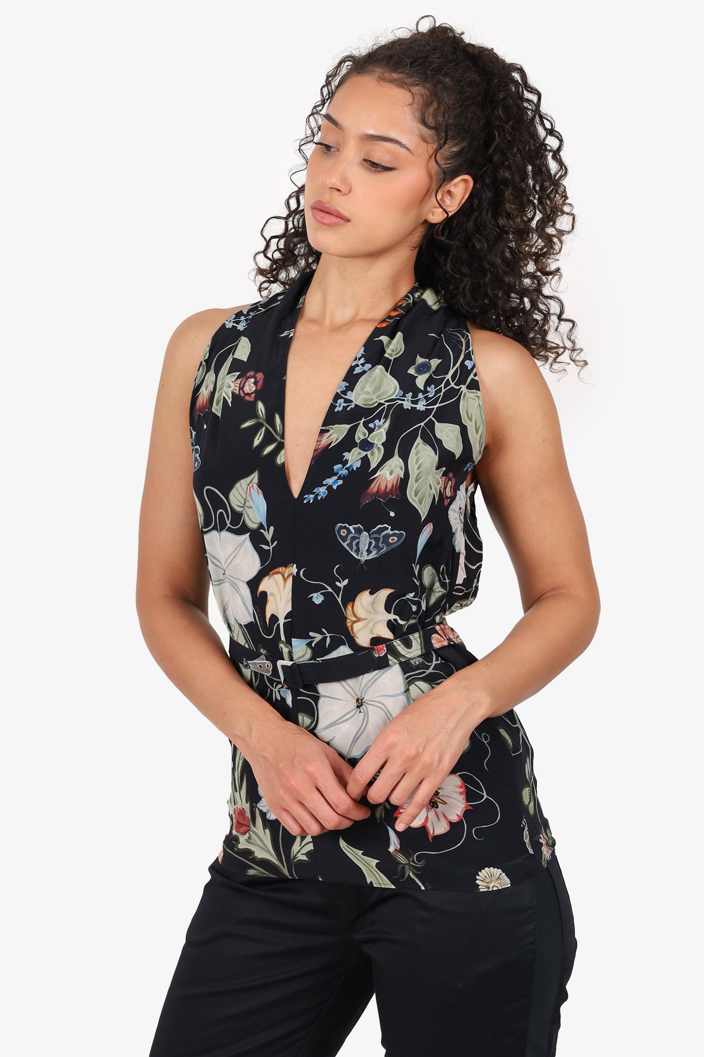 Gucci Black Silk Floral Print Belted Sleeveless Blouse Size 42