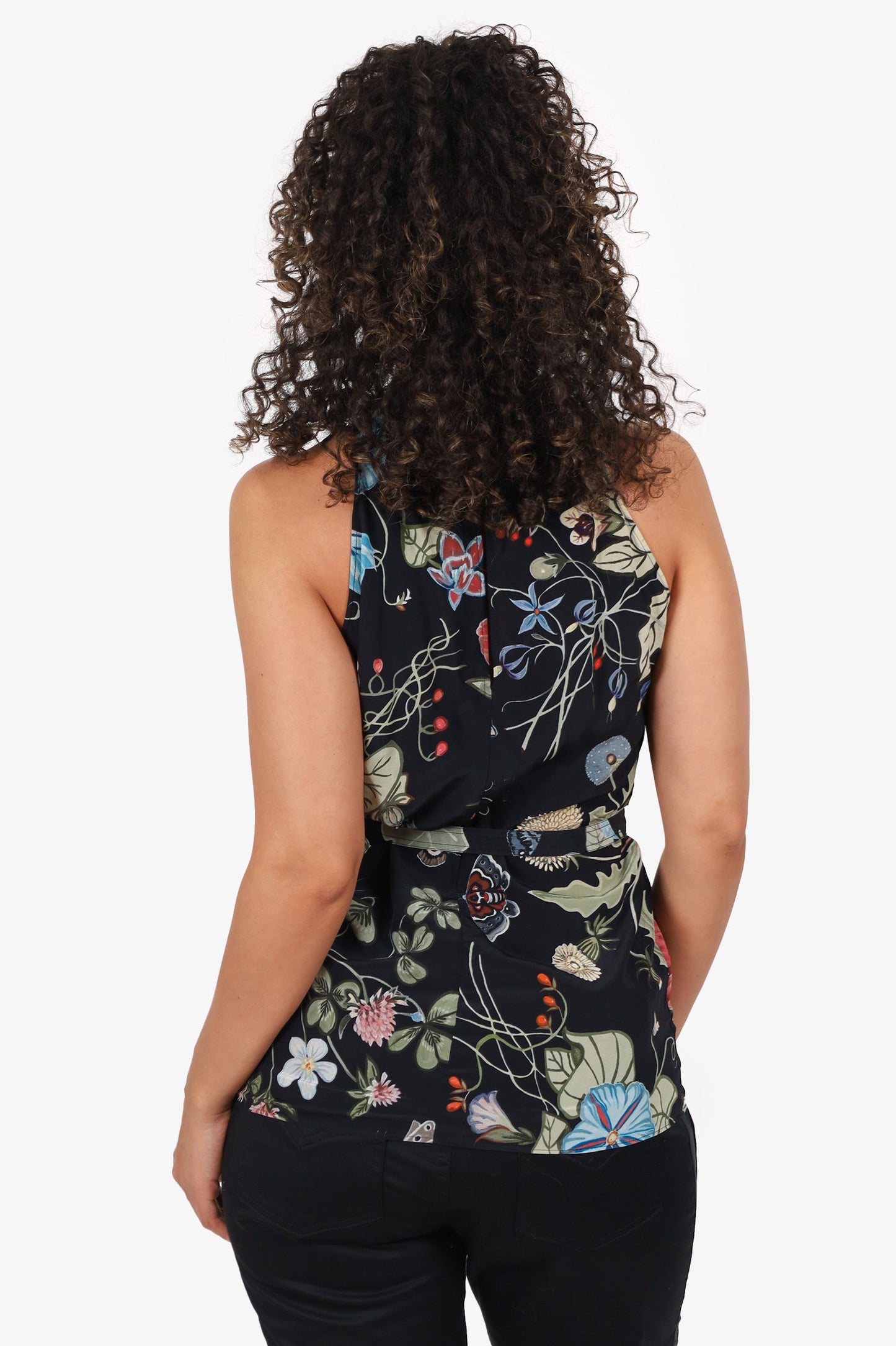 Gucci Black Silk Floral Print Belted Sleeveless Blouse Size 42