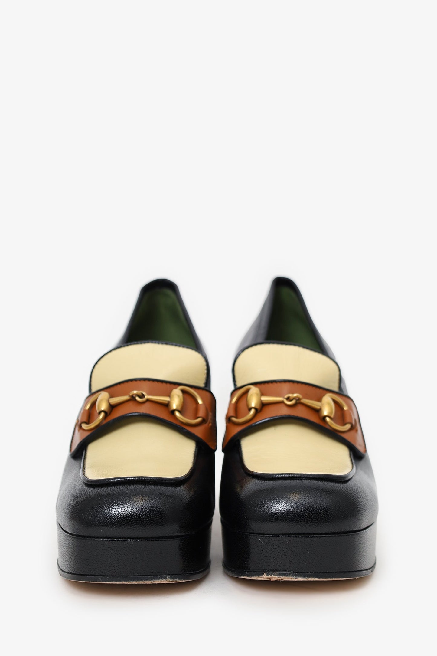 Gucci Black/Beige Leather Houdan Horsebit Platform Loafer Pumps Size 39.5