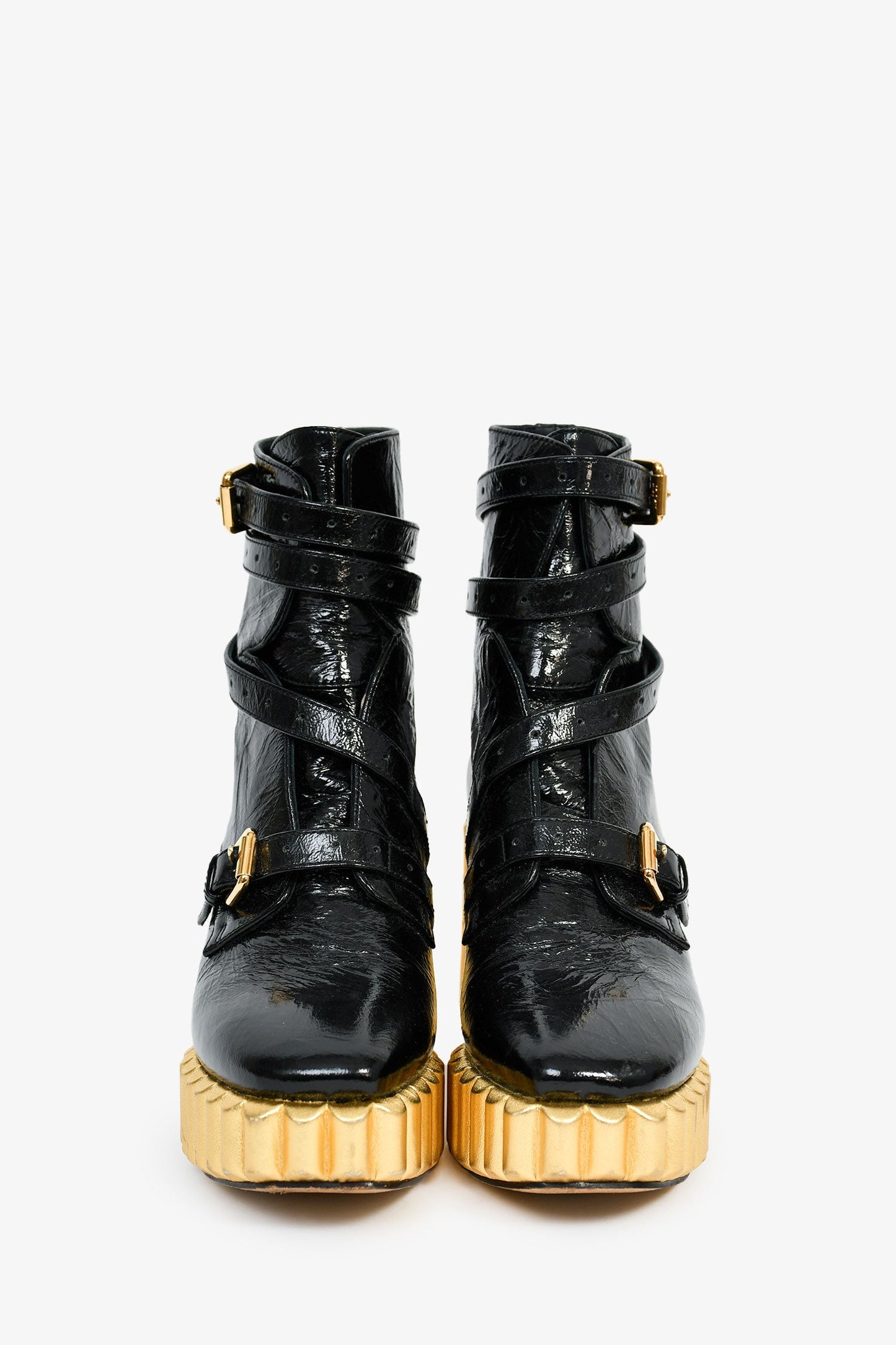 Christian Dior Black Patent Crinkle Leather Gold Platform Booties Size 37