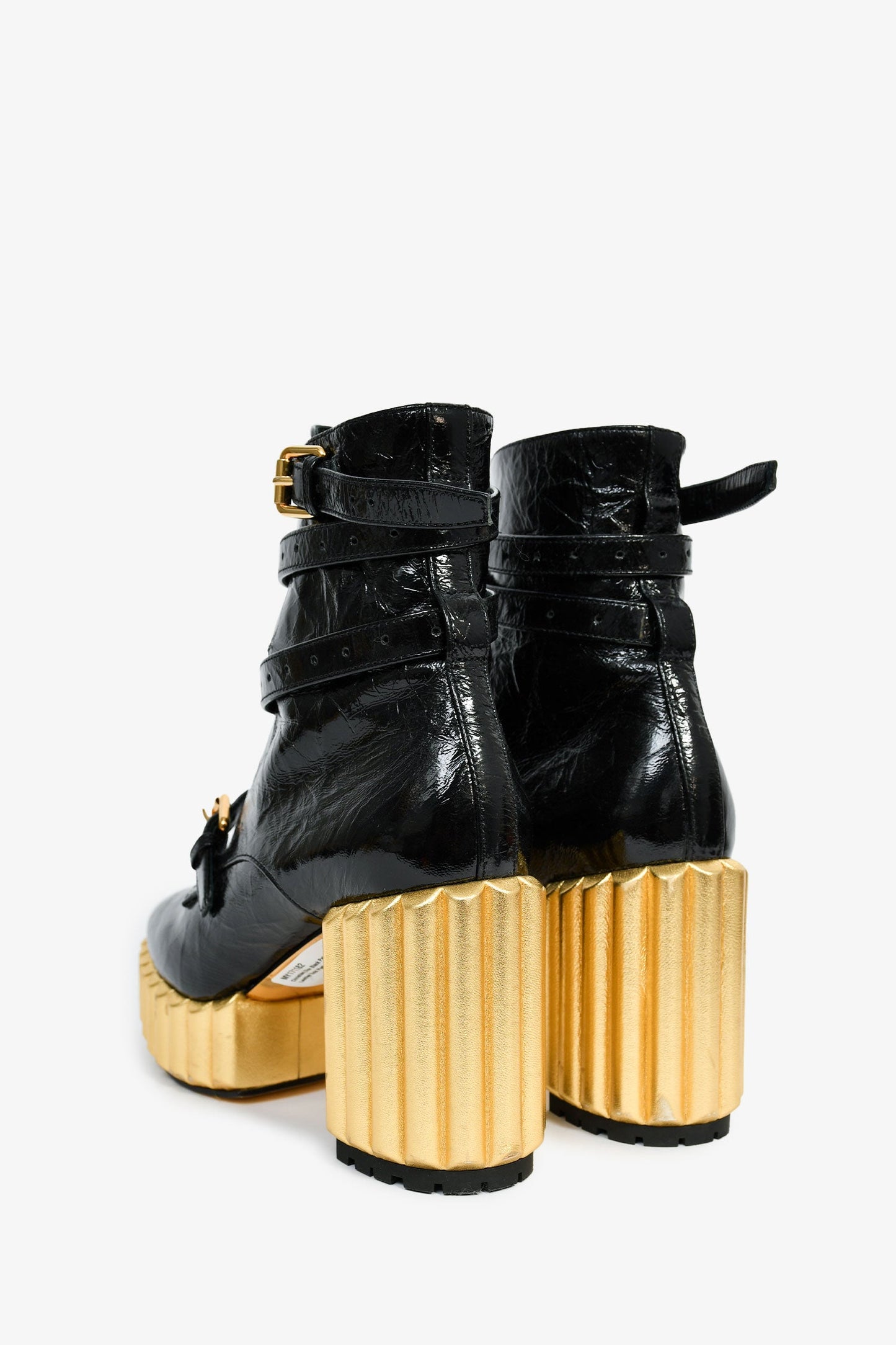 Christian Dior Black Patent Crinkle Leather Gold Platform Booties Size 37