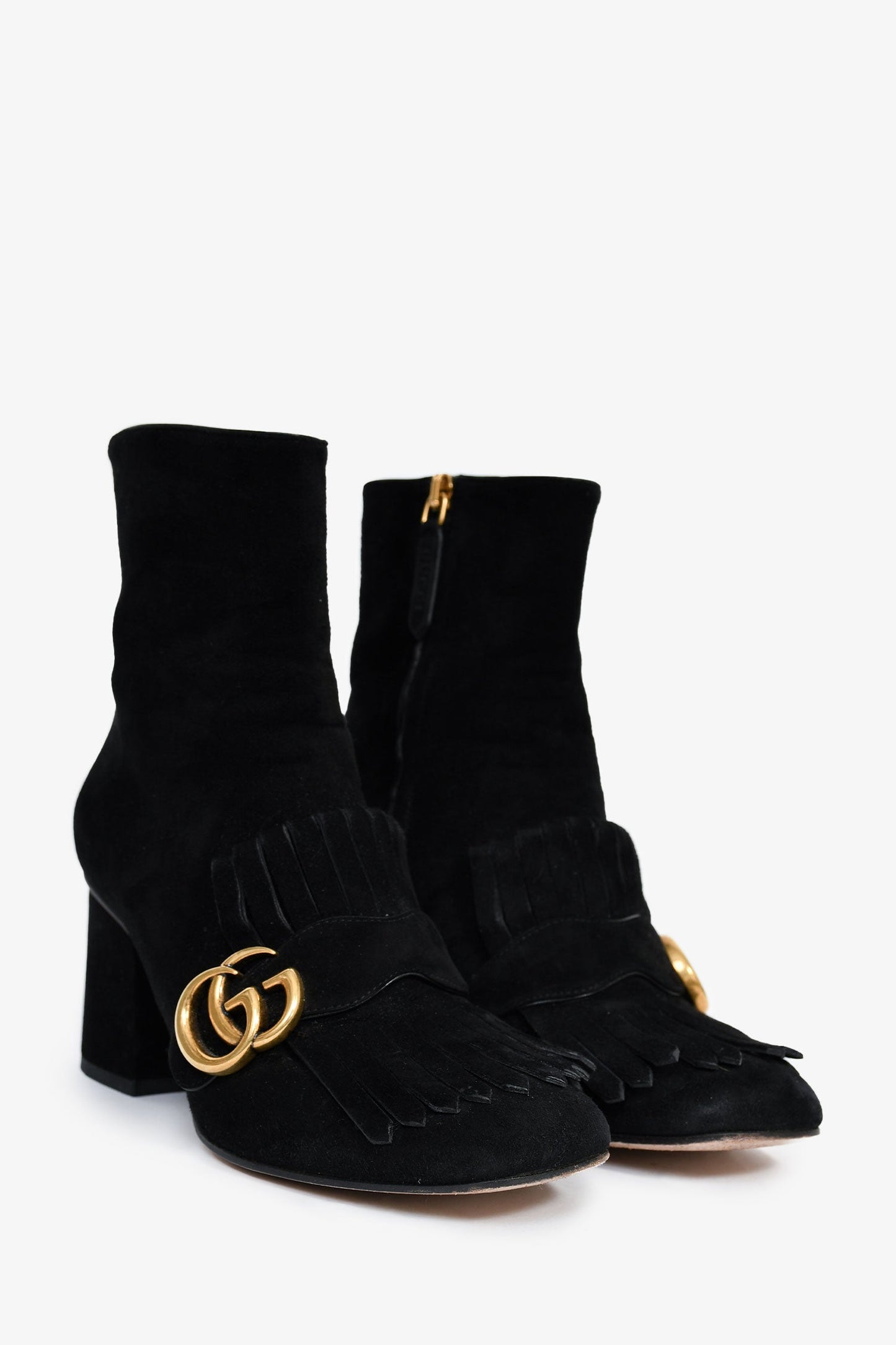 Gucci Black Suede Fringe GG Heeled Ankle Boots Size 37.5