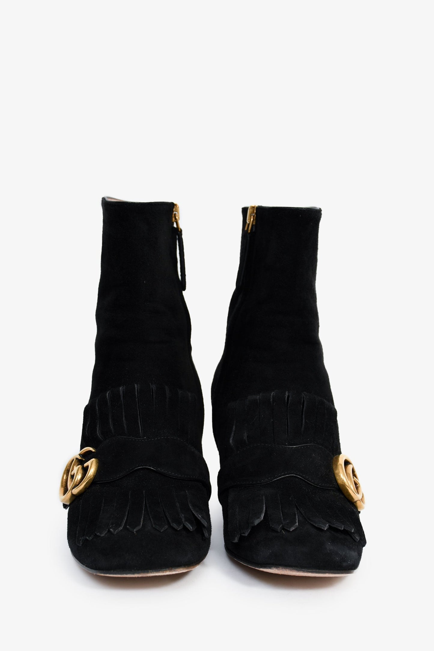 Gucci Black Suede Fringe GG Heeled Ankle Boots Size 37.5