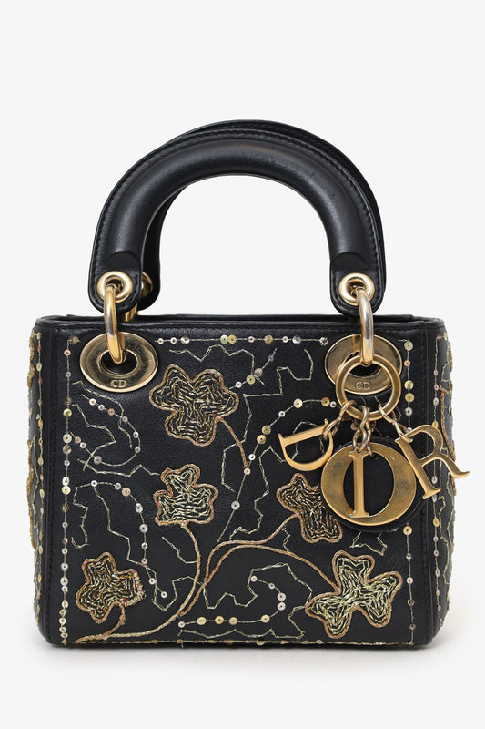 Christian Dior 2018 Black Leather Gold 'Clovers' Embroidered Mini Lady Dior