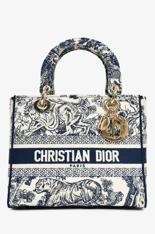 Christian Dior 2022 Navy/White Jacquard D-Lite Medium Top Handle with Strap