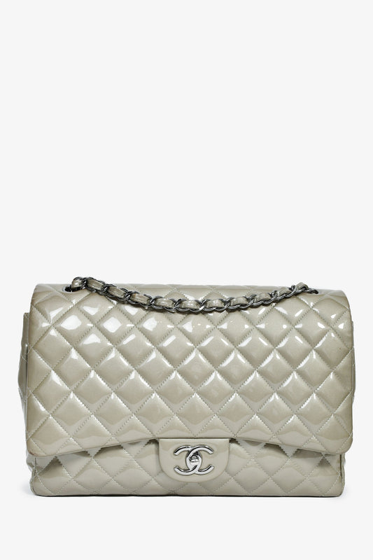 Chanel™ 2012/13 Grey Patent Quilted Maxi Double Flap Shoulder Bag