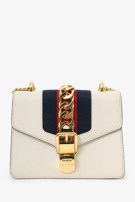 Gucci Cream Leather Web Mini Sylvie Chain Bag