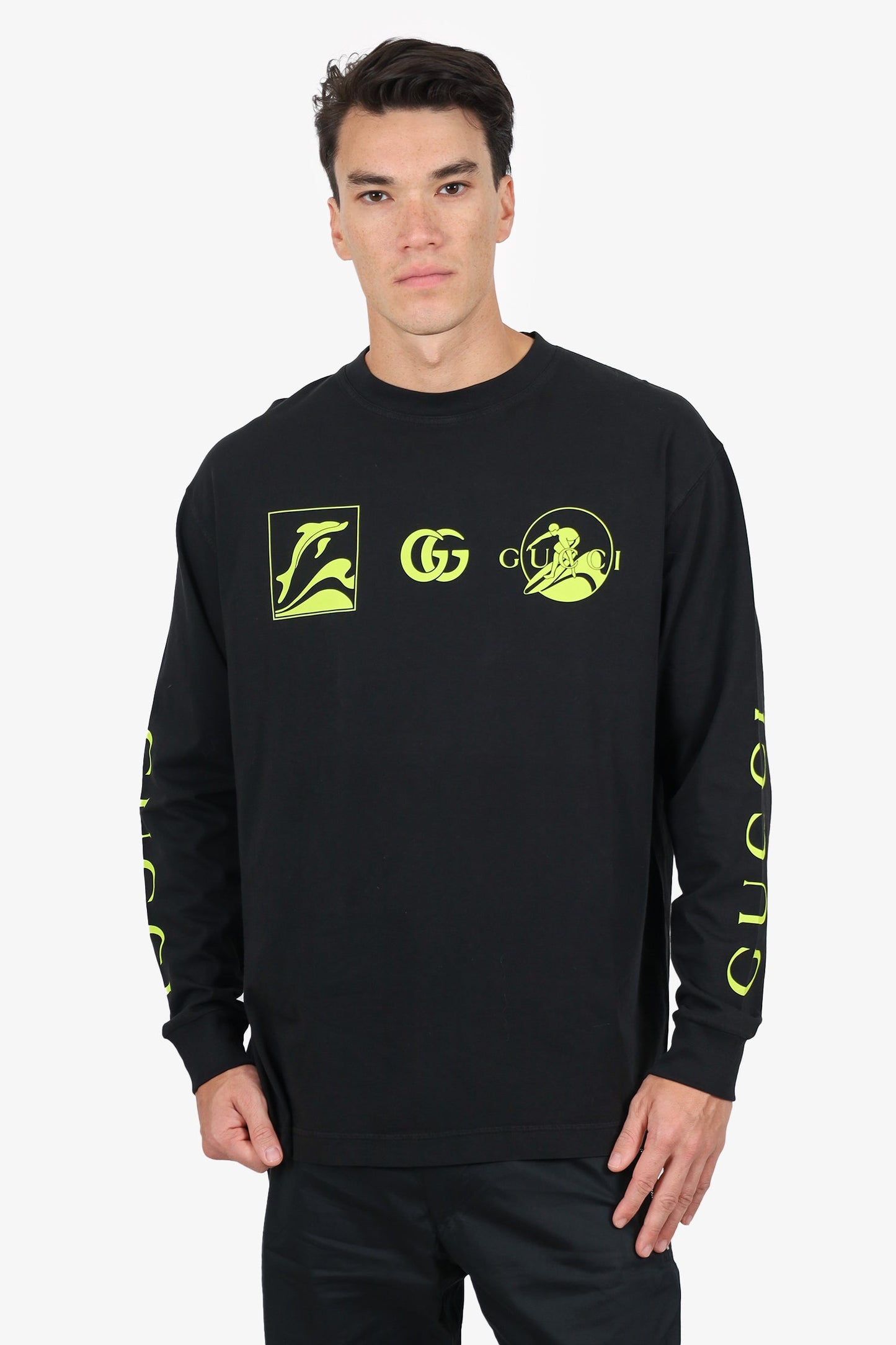 Gucci Black/Green Printed Long Sleeve T-shirt Size M Mens