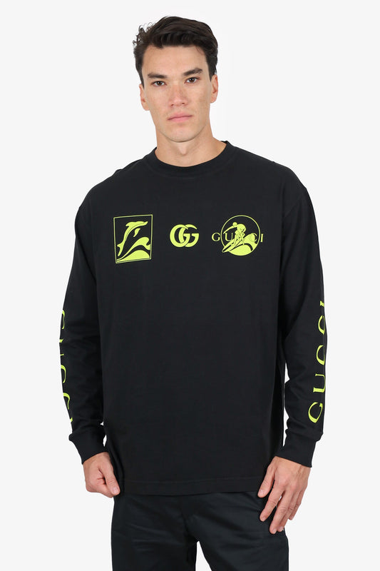 Gucci Black/Green Printed Long Sleeve T-shirt Size M Mens