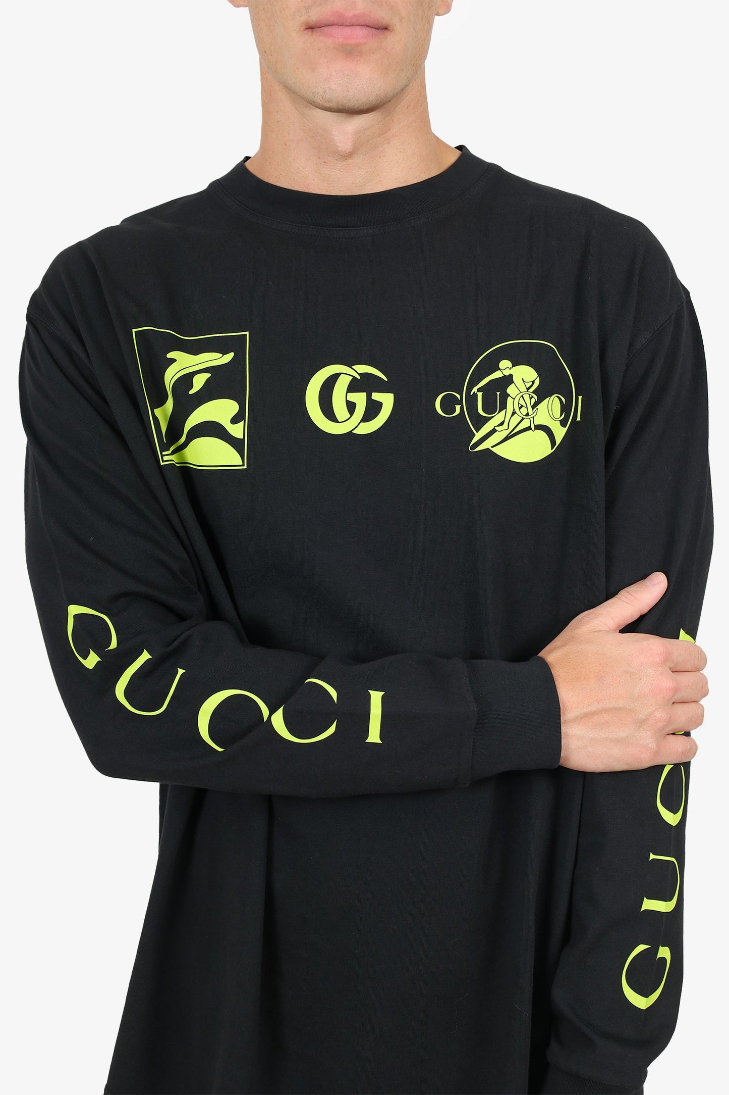 Gucci Black/Green Printed Long Sleeve T-shirt Size M Mens