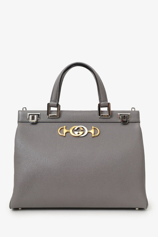 Gucci Grey Grained Leather Interlocking G Horsebit Zumi Medium Tote with Strap