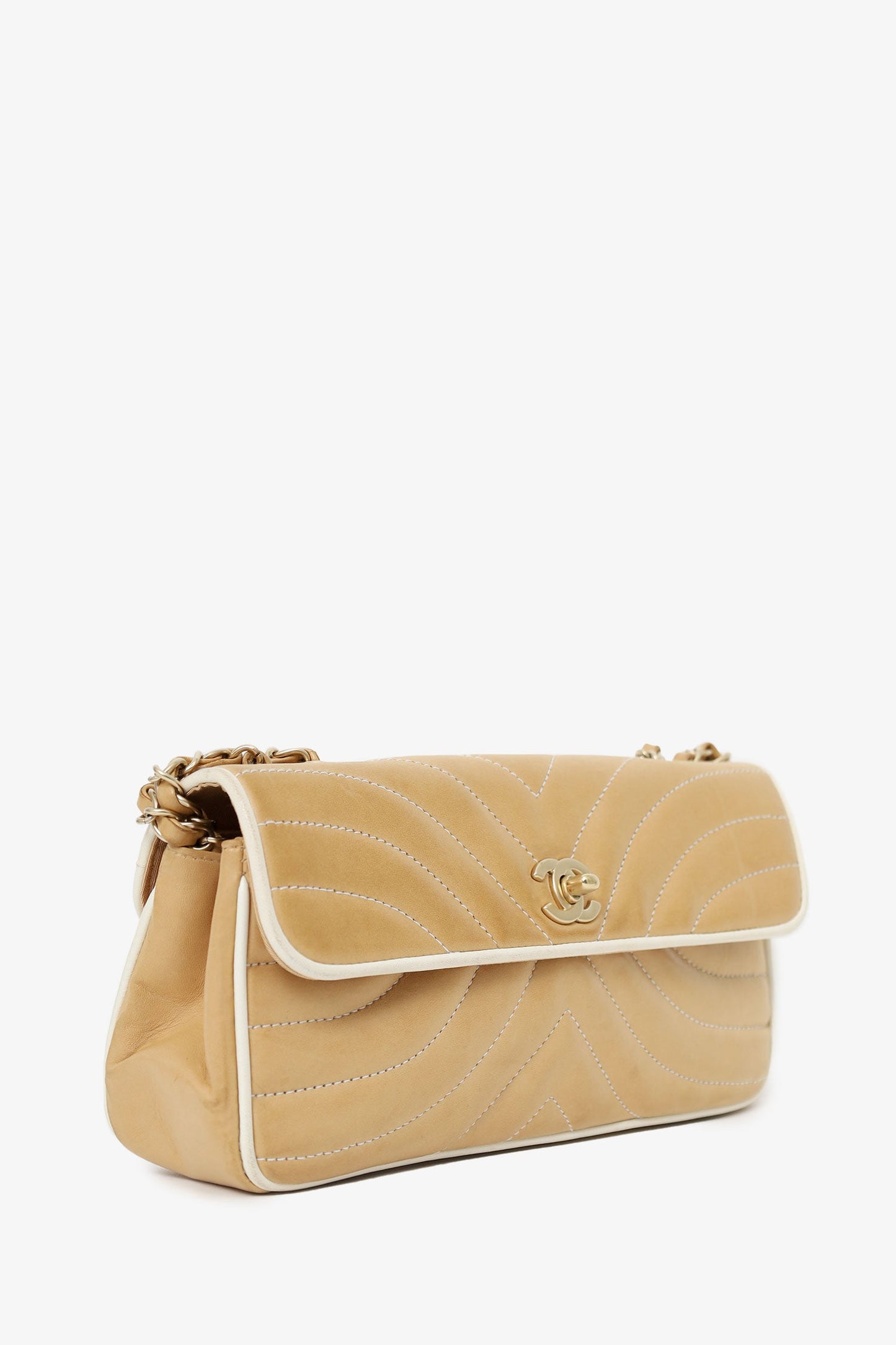 Chanel 2003-04 Beige Leather East West Flap Bag