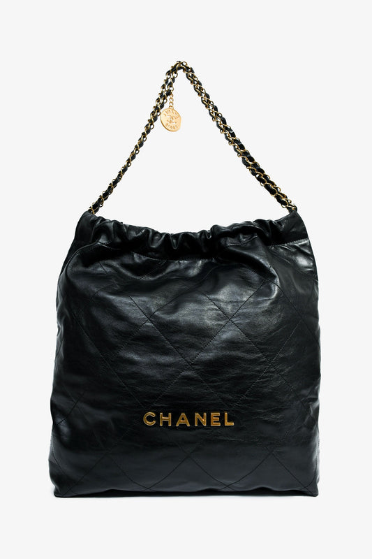 Chanel™ 2022+ Black Leather Large 22 Hobo Shoulder Bag with Pouch